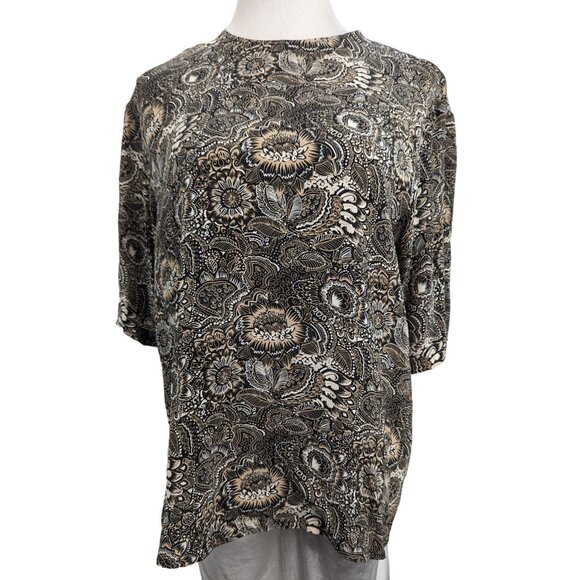 Plymouth New York Women Brown and White Silk floral Short Sleeve Blouse Size 16 - Picture 1 of 9